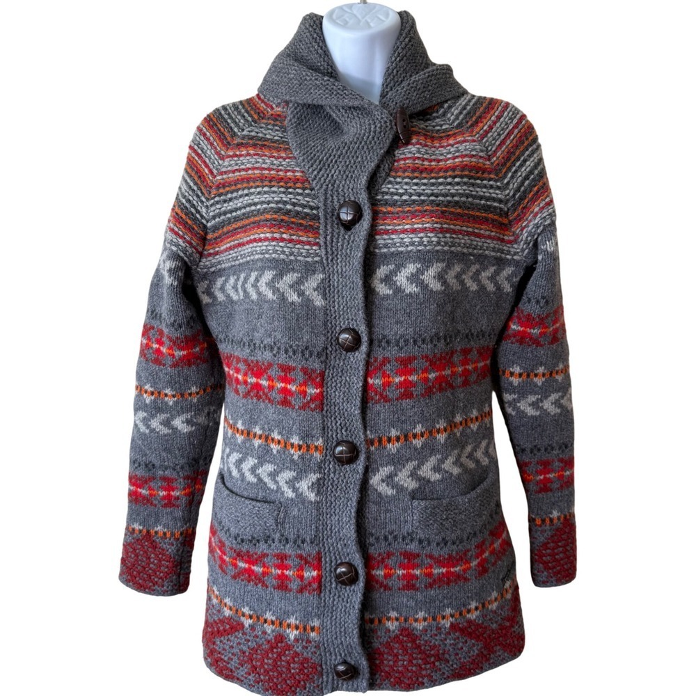 Woolrich Lambswool Cardigan Sweater Womens Small Charcoal Gray Fair Isle Nordic